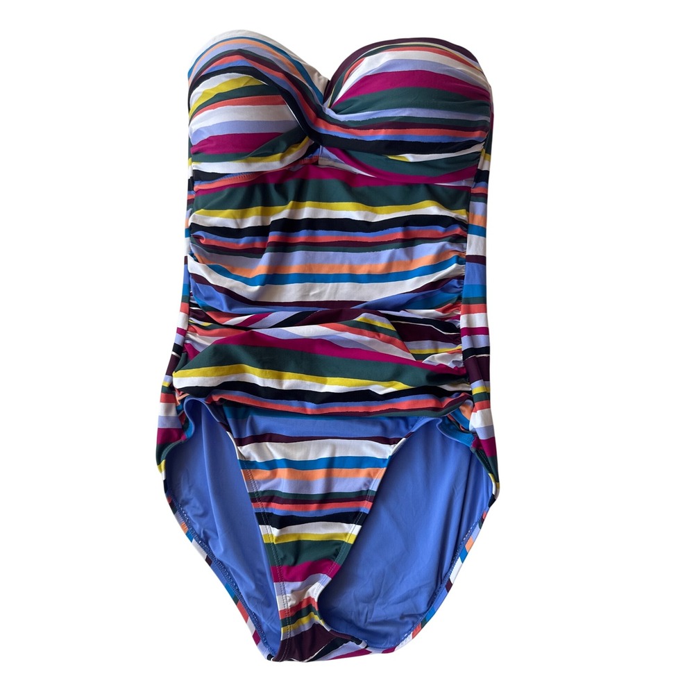 Anne Cole Swimsuit Women 10 Multi Striped Ruched One Piece Bandeau